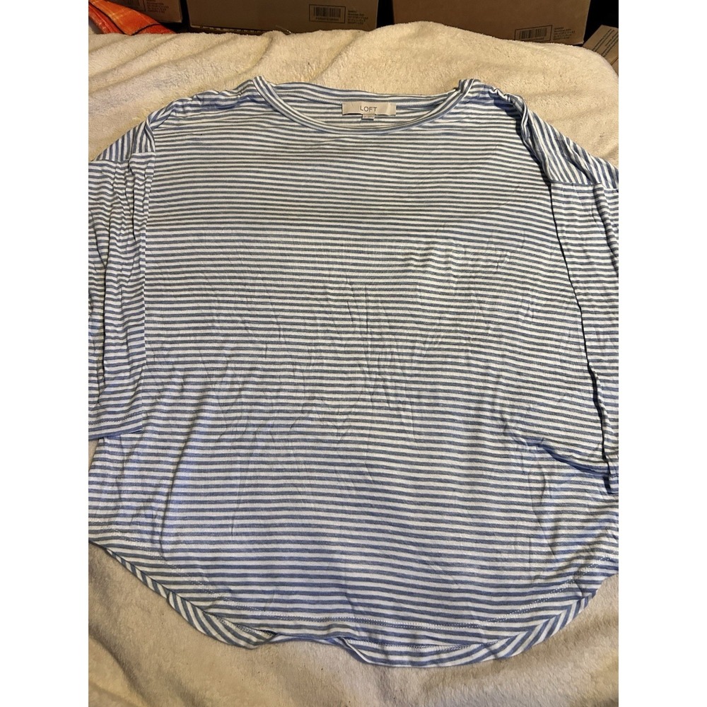 LOFT‎ Womens Small Blue White Striped Long Sleeve Knit Top Relaxed Fit